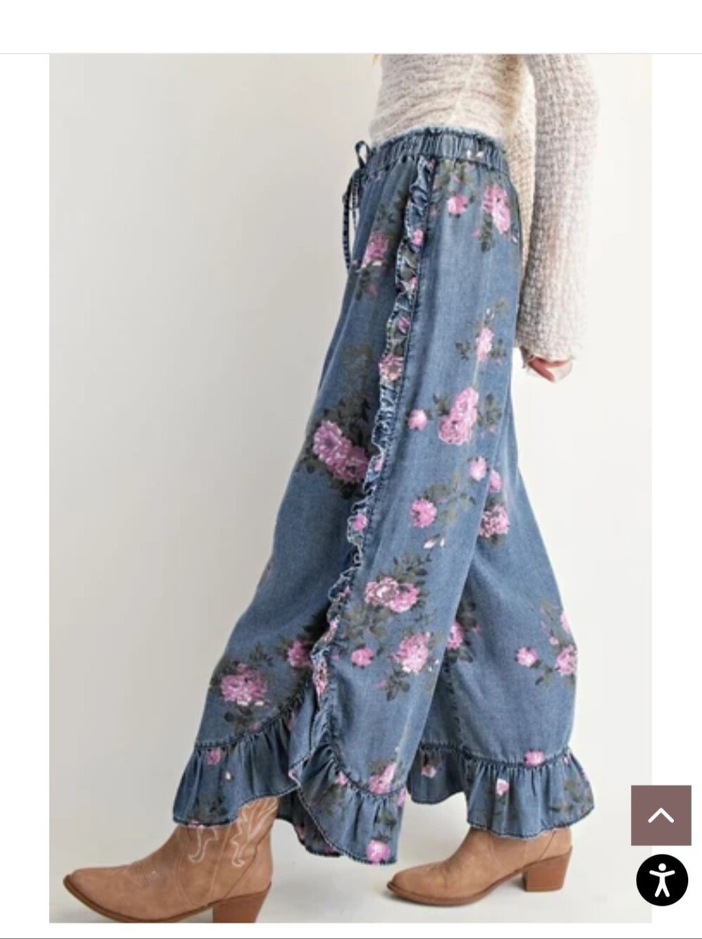 Floral Ruffle Flare Pants - Denim with Pink Roses